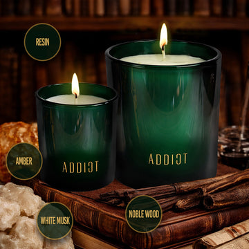 ADDICT Les Archives candles in 170g and 360g sizes on antique books – notes of resin, amber, white musk and noble wood