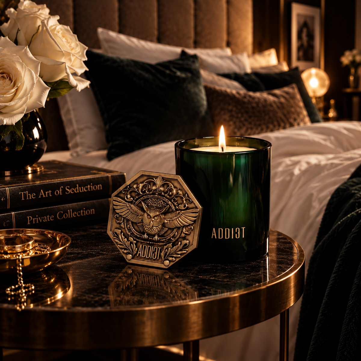 ADDICT Lust Tonic luxury soy candle, lit, with gold owl emblem lid on a bedside table in a warm bedroom