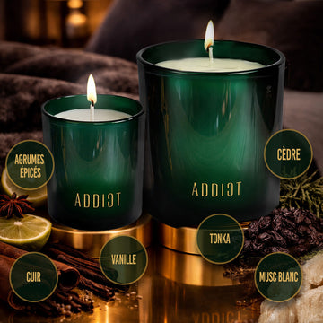 Bougies ADDICT Lust Tonic 170 g et 360 g – notes d'agrumes épicés, cèdre, tonka, vanille, cuir et musc blanc