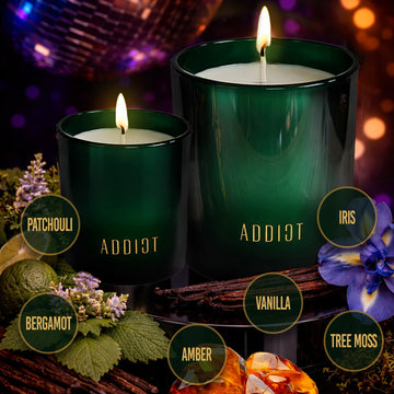 ADDICT Revelry candles in 170g and 360g sizes – notes of bergamot, patchouli, iris, vanilla, amber and tree moss